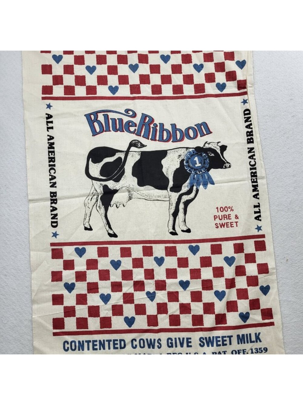 VTG Americana Heavy Muslin Fabric Panel Blue Ribbon Cow Milk Patriotic feed sack